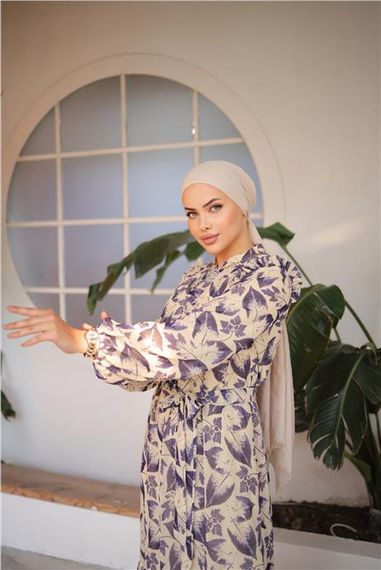 Длинное шифоновое платье с завязками на талии и узором из листьев в фиолетовом цвете размеры 38-46 - фото 5