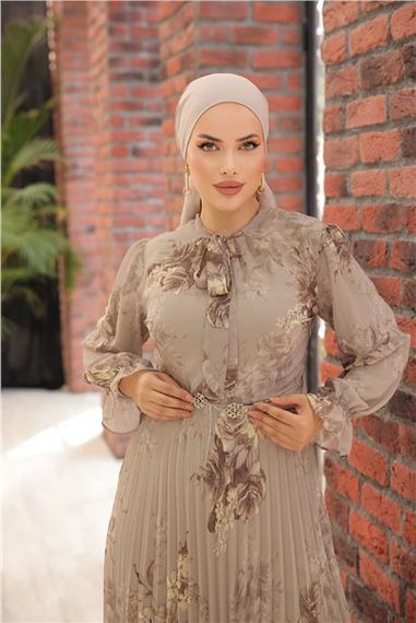 Boyun Bağcıklı Kemerli Desenli Uzun Şifon Elbise - 50011.016 - Vizon - photo 4