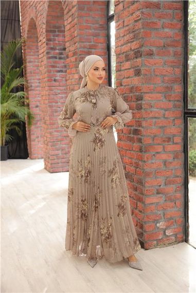 Boyun Bağcıklı Kemerli Desenli Uzun Şifon Elbise - 50011.016 - Vizon - photo 3