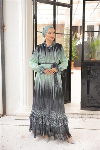 Pliseli Belden Bağcıklı Uzun Çizgi Desenli Şifon Elbise - 50012.100 - Çağla Yeşili - fotoğraf 2