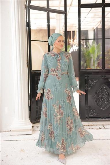 Boyun Bağcıklı Kemerli Desenli Uzun Şifon Elbise - 50011.100 - Çağla Yeşili - fotoğraf 3