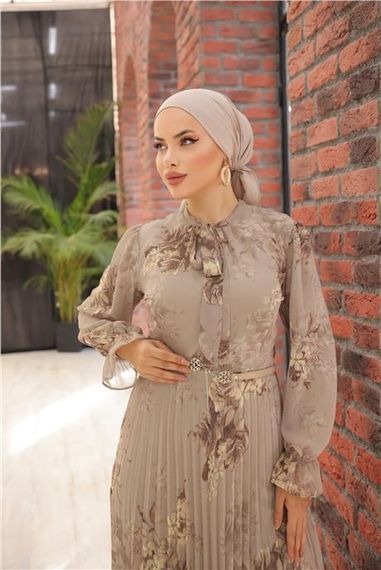 Boyun Bağcıklı Kemerli Desenli Uzun Şifon Elbise - 50011.016 - Vizon - photo 5