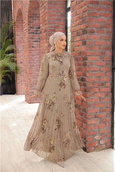 Boyun Bağcıklı Kemerli Desenli Uzun Şifon Elbise - 50011.016 - Vizon - photo 2