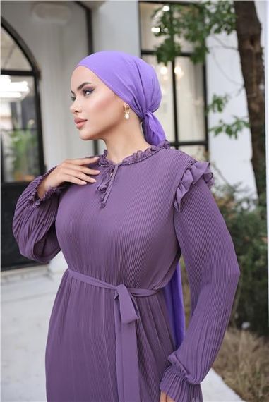 Boyun ve Belden Bağcıkllı Sade Uzun Şifon Elbise - 50015.013 - Mor - fotoğraf 2