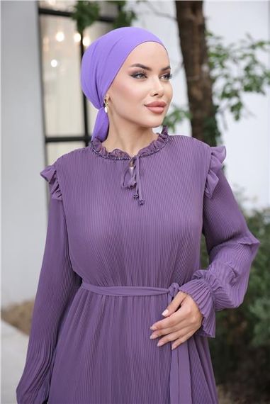 Boyun ve Belden Bağcıkllı Sade Uzun Şifon Elbise - 50015.013 - Mor - fotoğraf 3