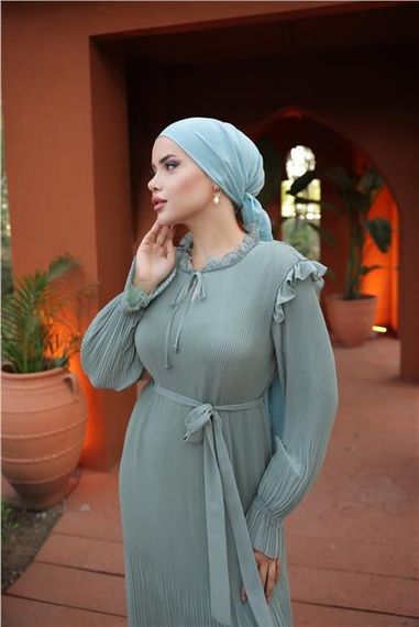 Простое длинное шифоновое платье с завязками на шее и талии, цвет - ментоловый, размеры 38-44 - фото 2