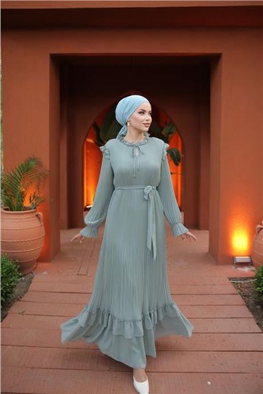 Простое длинное шифоновое платье с завязками на шее и талии, цвет - ментоловый, размеры 38-44 - фото 1