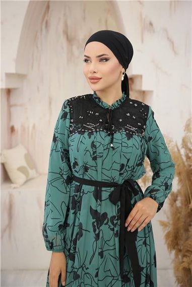 Boyun ve Belden Bağcıkllı Desenli Uzun Şifon Elbise - 50013.100 - Çağla Yeşili - fotoğraf 3