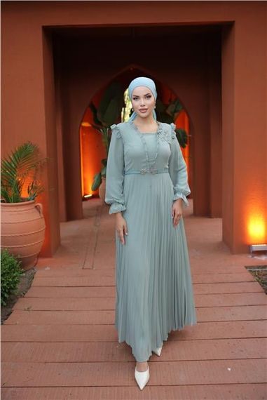 V Yaka Detaylı Kemerli Sade Uzun Şifon Elbise - 50016.100 - Çağla Yeşili - photo 1