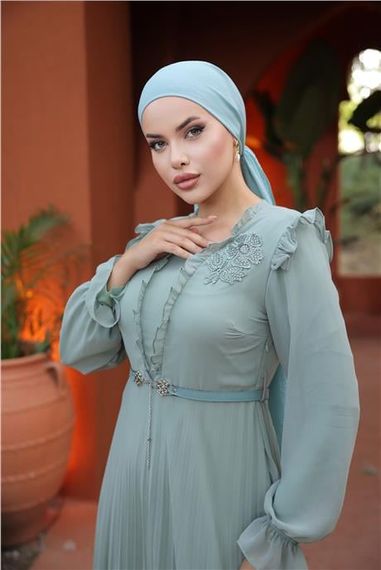 V Yaka Detaylı Kemerli Sade Uzun Şifon Elbise - 50016.100 - Çağla Yeşili - photo 3