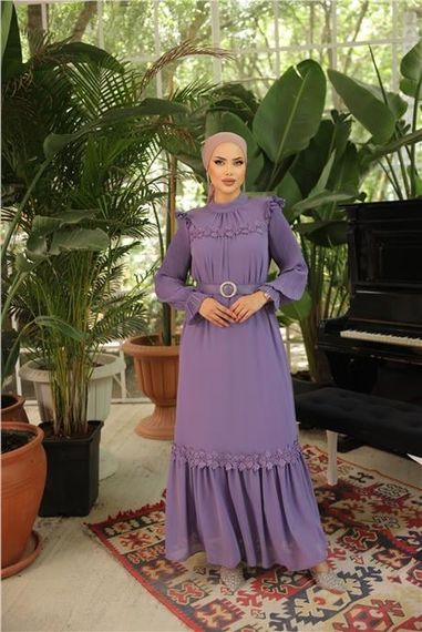 Сукня з шифону з поясом, простий виріз O, лілового кольору, розміри 38-46 - фото 1