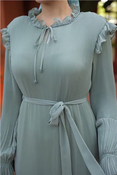 Простое длинное шифоновое платье с завязками на шее и талии, цвет - ментоловый, размеры 38-44 - фото 5