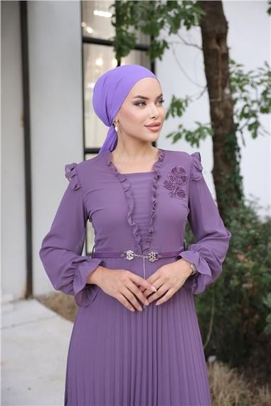 V Yaka Detaylı Kemerli Sade Uzun Şifon Elbise - 50016.013 - Mor - fotoğraf 4