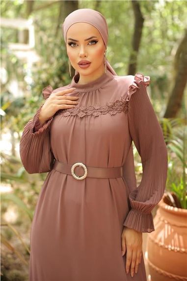 Платье из шифона с воротником о-образной формы и поясом, цвет лук, размеры 38-46, от бренда Bwest - фото 3