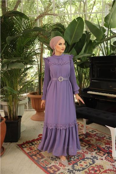 Сукня з шифону з поясом, простий виріз O, лілового кольору, розміри 38-46 - фото 2