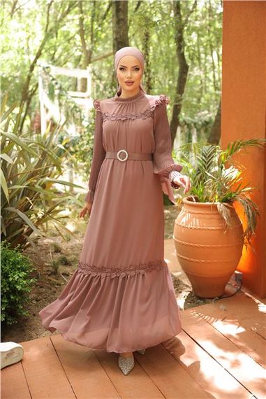 Платье из шифона с воротником о-образной формы и поясом, цвет лук, размеры 38-46, от бренда Bwest - фото 1