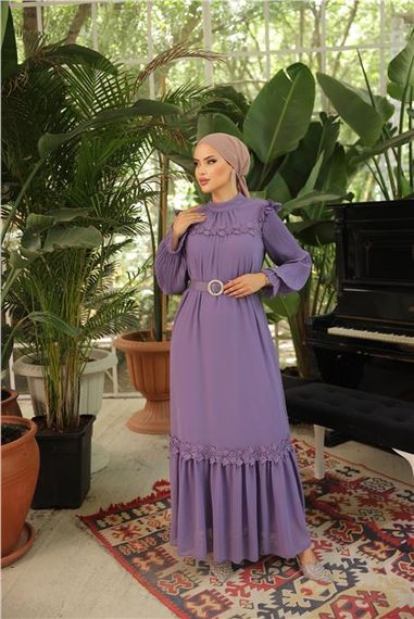 Сукня з шифону з поясом, простий виріз O, лілового кольору, розміри 38-46 - фото 4