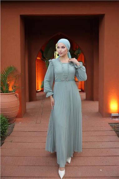 V Yaka Detaylı Kemerli Sade Uzun Şifon Elbise - 50016.100 - Çağla Yeşili - photo 4