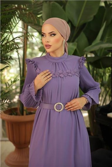 Сукня з шифону з поясом, простий виріз O, лілового кольору, розміри 38-46 - фото 3