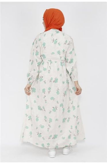 فستان كتان مزخرف بالزهور بلون أخضر بنيتون متوفر بمقاسات 38-46 - صورة 3