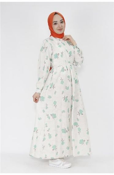 فستان كتان مزخرف بالزهور بلون أخضر بنيتون متوفر بمقاسات 38-46 - صورة 1