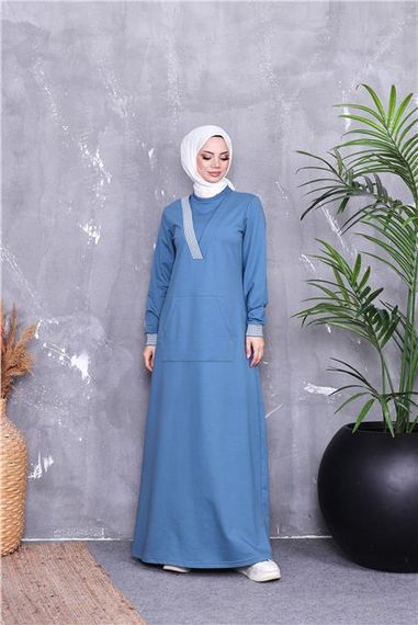 فستان تسوق محتشم بتصميم خطوط وكم طويل، لون أزرق محيطي، متوفر بمقاسات 38 إلى 46 - صورة 1