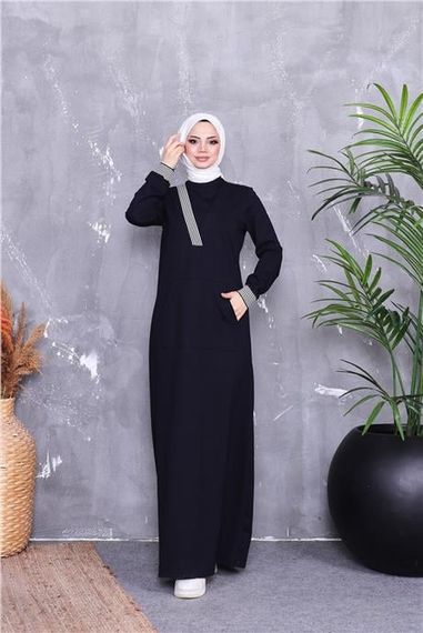 فستان طويل محتشم مزين بشرائط بتصميم على شكل V بجيب - أبيض داكن - متوفر بمقاسات متنوعة - صورة 1