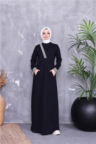 فستان طويل محتشم مزين بشرائط بتصميم على شكل V بجيب - أبيض داكن - متوفر بمقاسات متنوعة - صورة 3