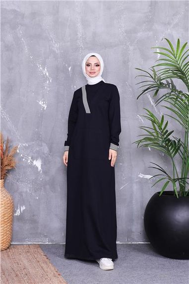 فستان طويل محتشم مزين بشرائط بتصميم على شكل V بجيب - أبيض داكن - متوفر بمقاسات متنوعة - صورة 4