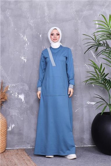 فستان تسوق محتشم بتصميم خطوط وكم طويل، لون أزرق محيطي، متوفر بمقاسات 38 إلى 46 - صورة 2