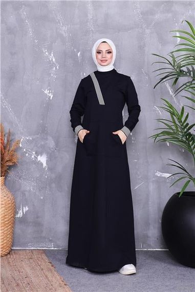 فستان طويل محتشم مزين بشرائط بتصميم على شكل V بجيب - أبيض داكن - متوفر بمقاسات متنوعة - صورة 2