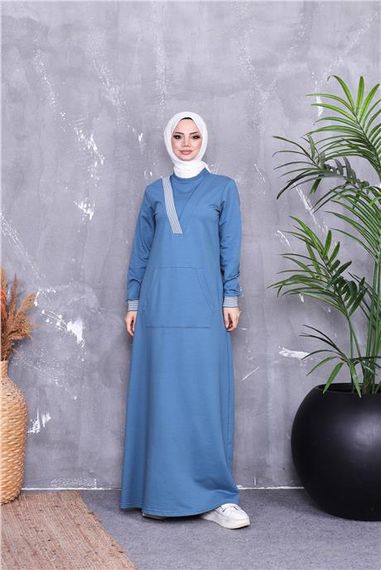 فستان تسوق محتشم بتصميم خطوط وكم طويل، لون أزرق محيطي، متوفر بمقاسات 38 إلى 46 - صورة 5