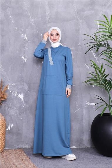 فستان تسوق محتشم بتصميم خطوط وكم طويل، لون أزرق محيطي، متوفر بمقاسات 38 إلى 46 - صورة 4