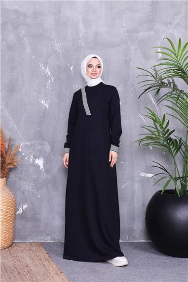 فستان طويل محتشم مزين بشرائط بتصميم على شكل V بجيب - أبيض داكن - متوفر بمقاسات متنوعة - صورة 5