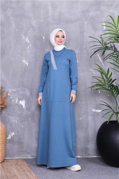 فستان تسوق محتشم بتصميم خطوط وكم طويل، لون أزرق محيطي، متوفر بمقاسات 38 إلى 46 - صورة 3