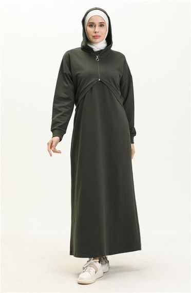 Eflatun Cepkenli Yarım Fermuarlı Elbise - 71046.005 - Haki - photo 1