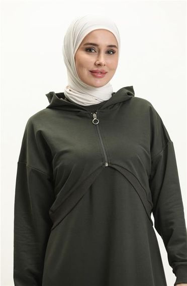 Eflatun Cepkenli Yarım Fermuarlı Elbise - 71046.005 - Haki - photo 3