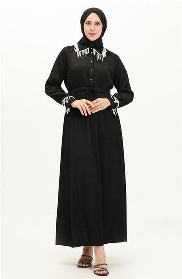 Платье для хиджаба Silvia Bürümcük с жемчугом, черное, размеры 38-46, коллекция 2023 зимы - фото 1