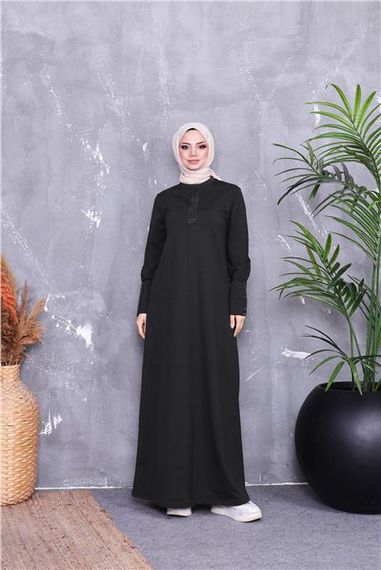 Kolları Taş Desenli Uzun Tesettür Elbise - 71186.005 - Haki - fotoğraf 2