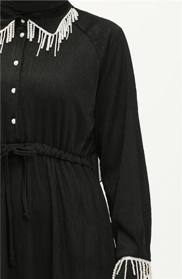 Платье для хиджаба Silvia Bürümcük с жемчугом, черное, размеры 38-46, коллекция 2023 зимы - фото 4