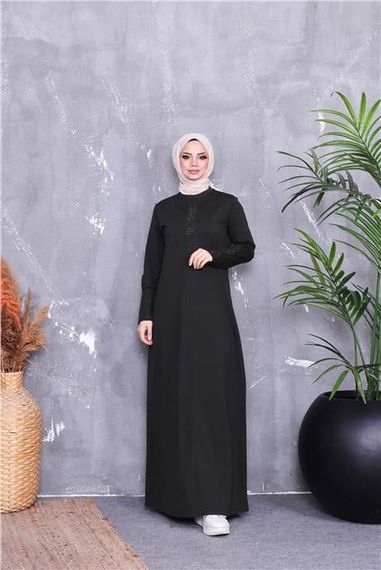 Kolları Taş Desenli Uzun Tesettür Elbise - 71186.005 - Haki - fotoğraf 1