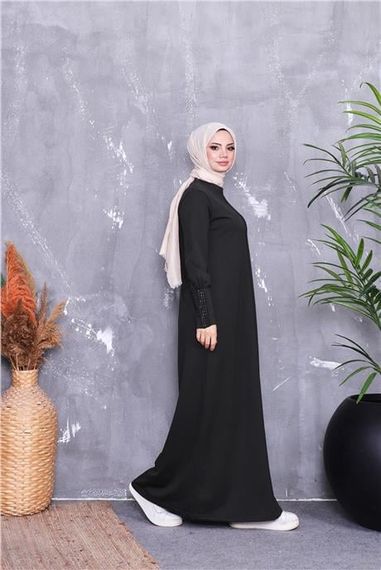 Kolları Taş Desenli Uzun Tesettür Elbise - 71186.005 - Haki - fotoğraf 5