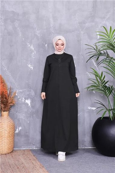 Kolları Taş Desenli Uzun Tesettür Elbise - 71186.005 - Haki - fotoğraf 3