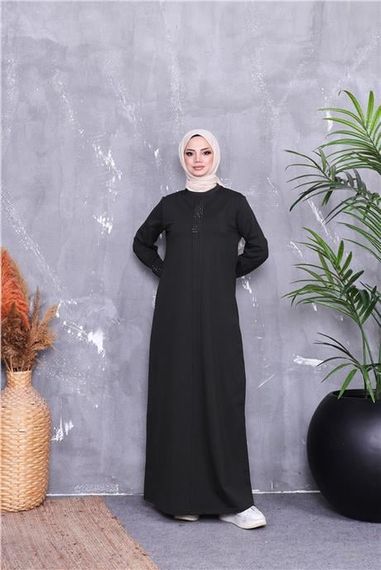 Kolları Taş Desenli Uzun Tesettür Elbise - 71186.005 - Haki - fotoğraf 4