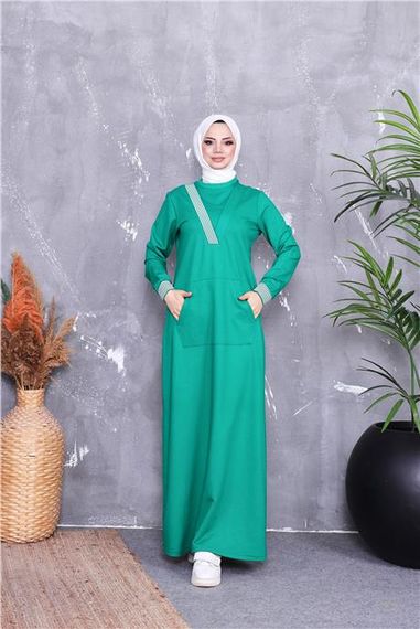 V Yaka Şerit Desenli Cepli Uzun Tesettür Elbise - 71188.111 - Benetton Yeşil - photo 1