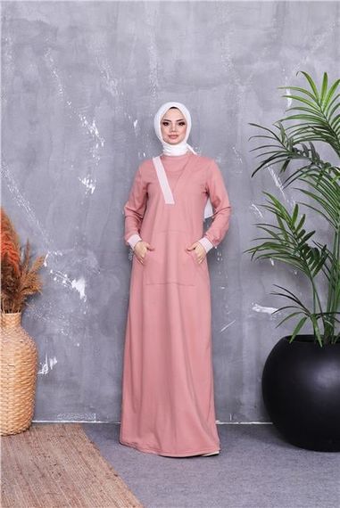 Платье с воротником V, длинное, с карманами и полосатым узором, цвет пудры, доступно в размерах 38-46 - фото 2