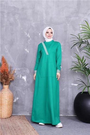V Yaka Şerit Desenli Cepli Uzun Tesettür Elbise - 71188.111 - Benetton Yeşil - photo 2