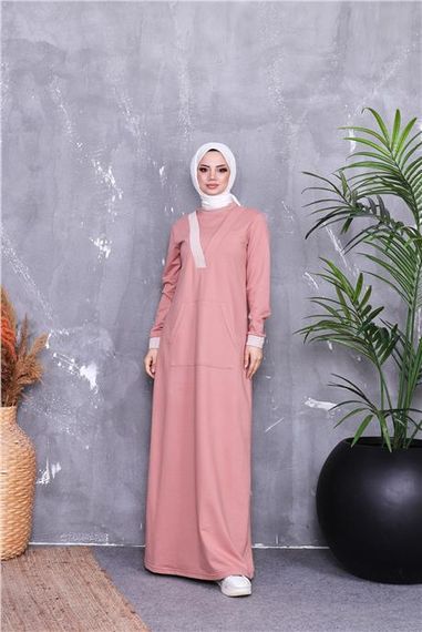 Платье с воротником V, длинное, с карманами и полосатым узором, цвет пудры, доступно в размерах 38-46 - фото 5