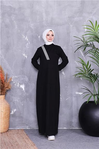 Длинное платье с карманами и рисунком в полоску на V-образном вырезе, черного цвета, размеры 38-46 - фото 3