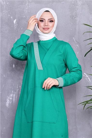 V Yaka Şerit Desenli Cepli Uzun Tesettür Elbise - 71188.111 - Benetton Yeşil - photo 5
